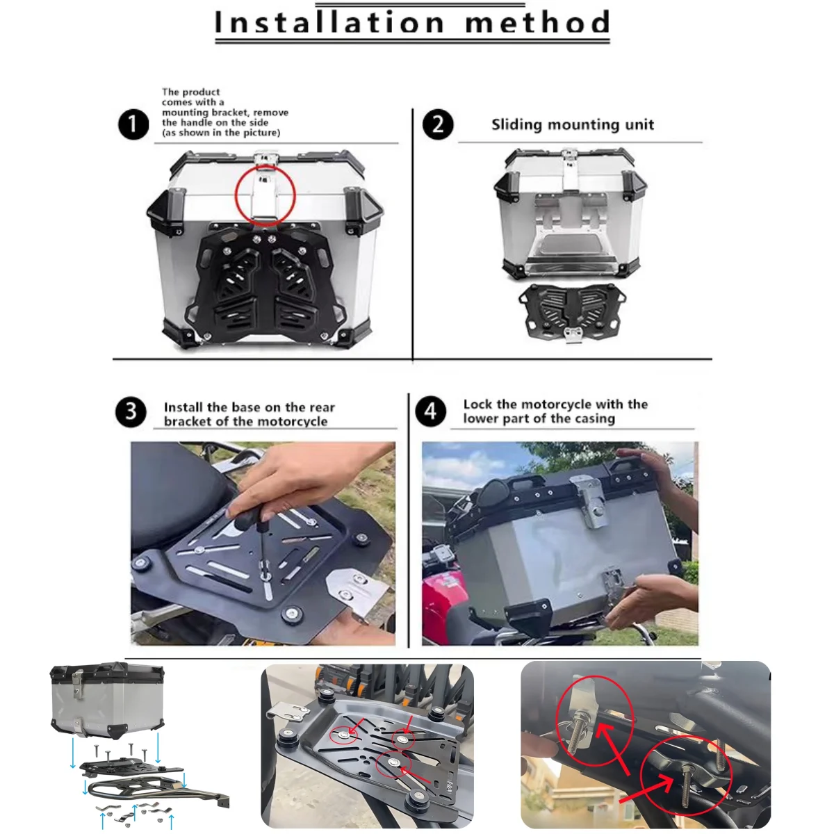 65L, 55L, 45L Aluminium Motorrad-Topcase Helmbox Wasserdichter Motorrad-Koffer Heckbox Gepäckbox mit Schnellverschluss Werkzeugbox – Detail 2