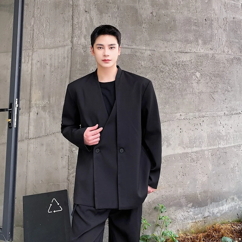 

Весенний мужской костюм с двойной пуговицей и воротником-стойкой, модная повседневная верхняя одежда Haome, корейская элитная длинная све