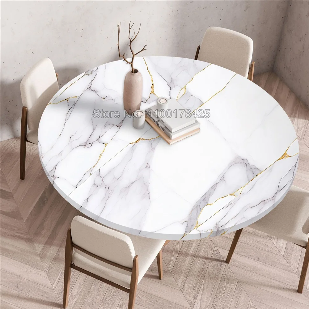 Round Marble Tablecloth Elastic Table Cover Waterproof and Wash Free Tablecloth Round Table Mat for Kitchen