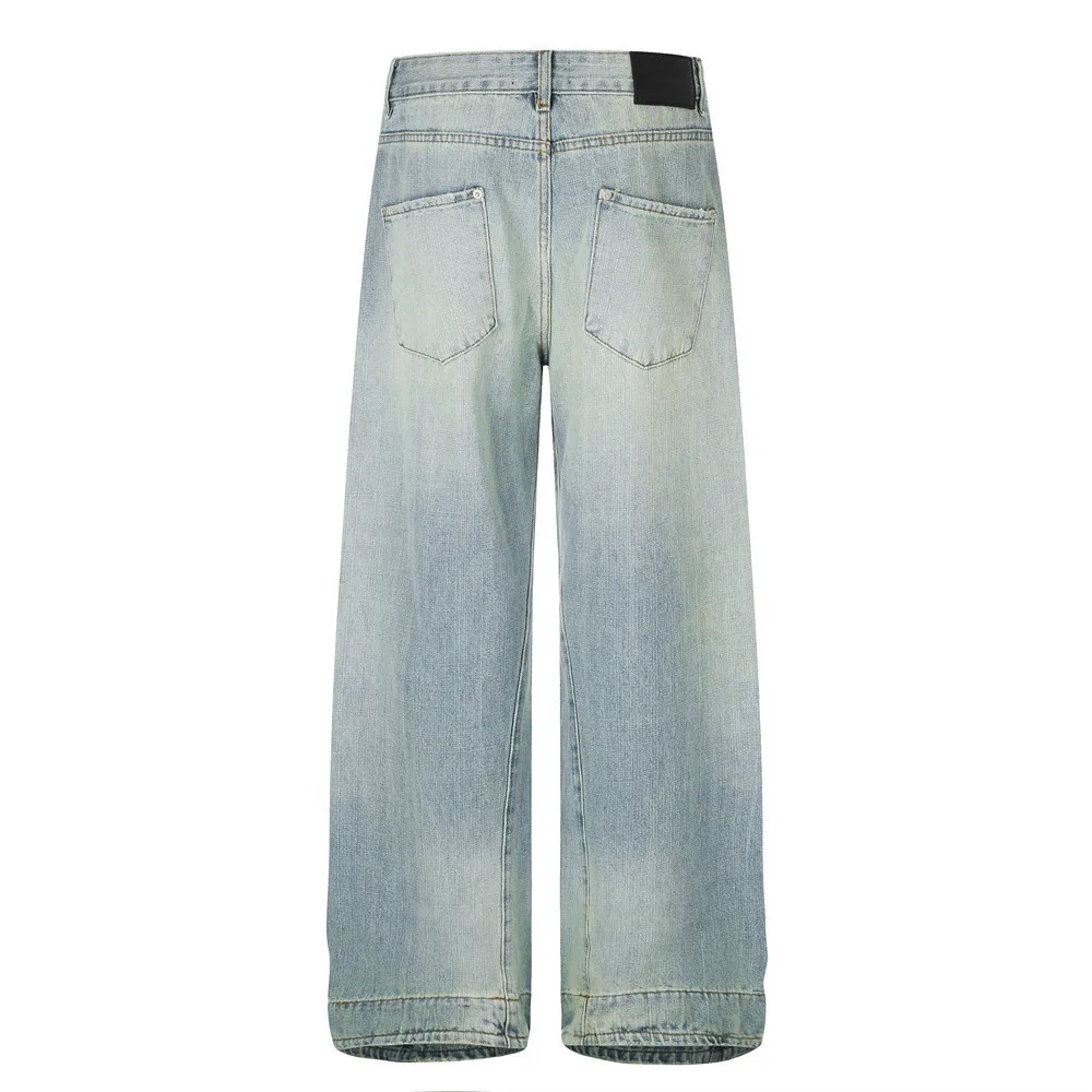 MWJLPWQ Washed Gradient Straight-Leg Jeans For Men Vintage Punk Street Style Distressed Edges Loose Wide-Leg Pants Fashion 20967