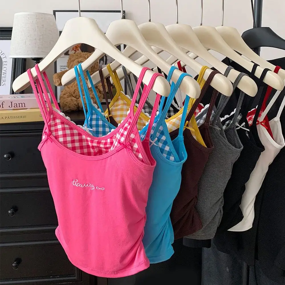 여성 스파게티 스트랩 캐미솔 탱크탑 (가슴 패드 포함) 슬림 섹시 스트랩 베스트 이너웨어 민소매 레이디스 탑 스윗 스파이시 걸