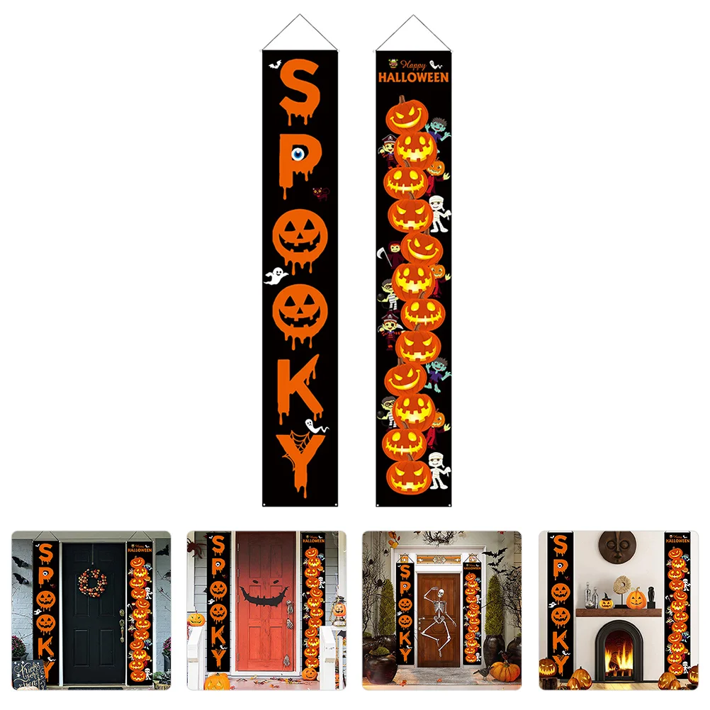 2 Pcs Halloween Door Banners 180X30CM Oxford Cloth Curtains Spooky Banner for Front Door Decor Reusable Tear Resistant for Party