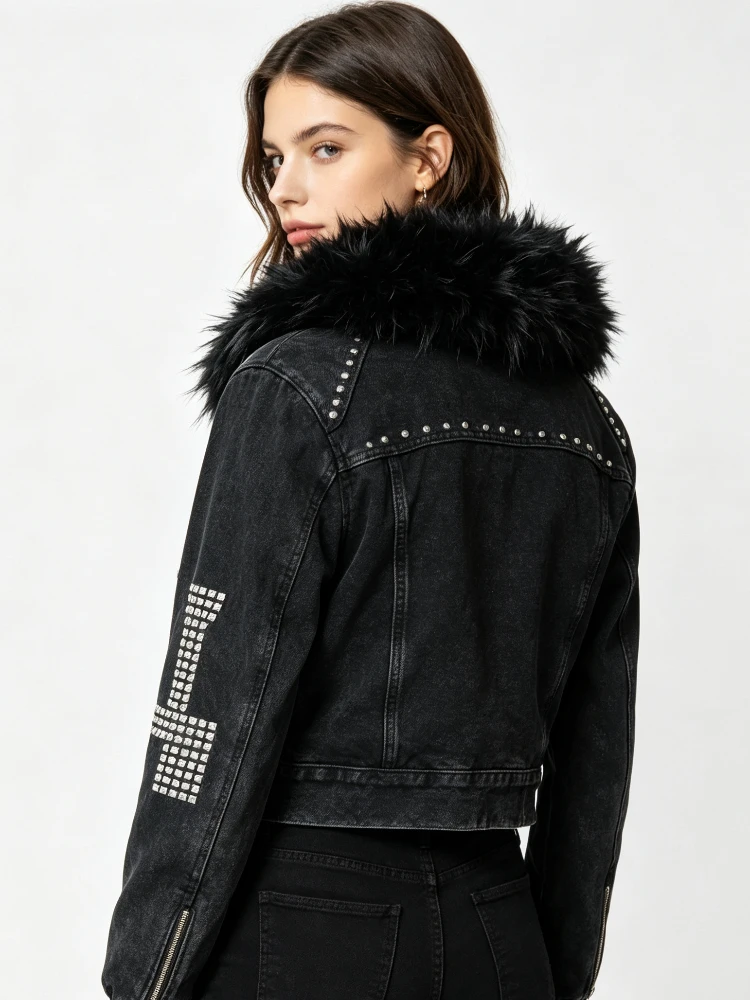 Women Vintage Washed Black Cropped Jacket Fluffy Big Faux Fur Hood Silver Stud Rivet Zip Up Punk Gothic Streetwear Short Coat