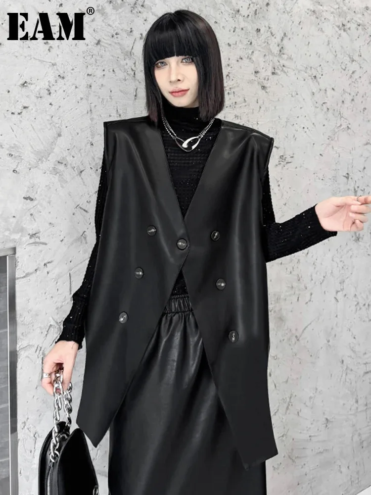 [EAM] Women Black Pu Leather Irregular Big Size Casual Vest New V-collar Sleeveless Fashion Tide Spring Autumn 2024 1DH7444