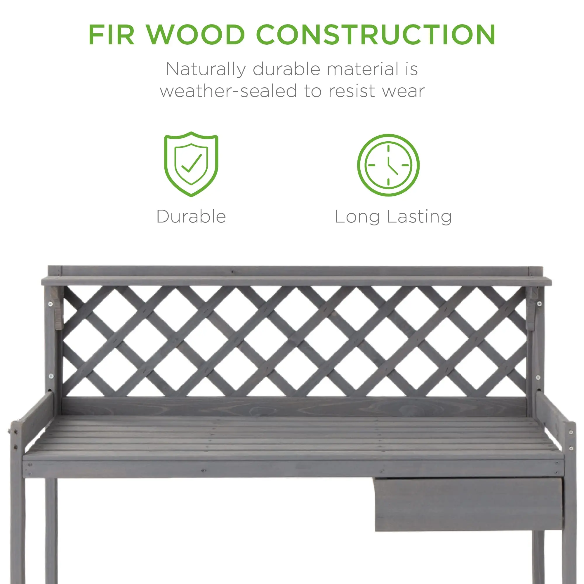 Outdoor Garden Potting Bench, Wooden Workstation Table w/Cabinet Drawer, Open Shelf, Lower Storage, Lattice Back - Gray