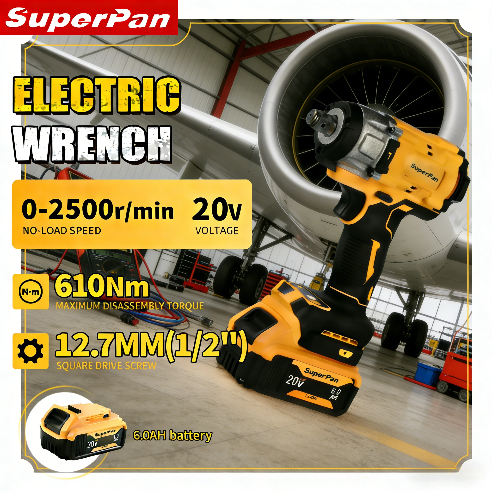 

Ударный гайковерт SuperPan SP922 с высоким крутящим моментом, 610 Н·м макс., для обслуживания тяжелой техники, совместим с аккумулятором DeWalt 20В.