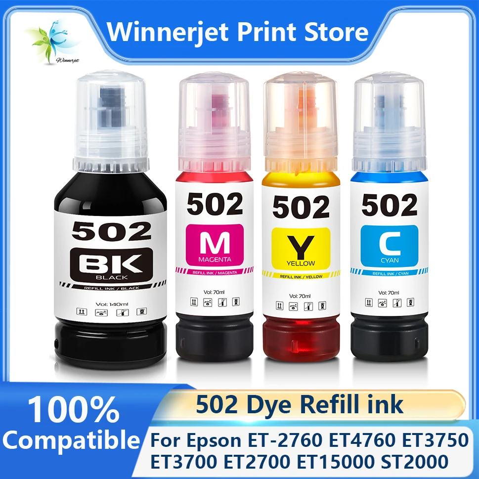 Winnerjet 502 Dye Refill Ink Premium Quality Dye Ink for All Deskjet Printers for Epson ET-2760 ET4760 ET3750 ET3700 ET2700