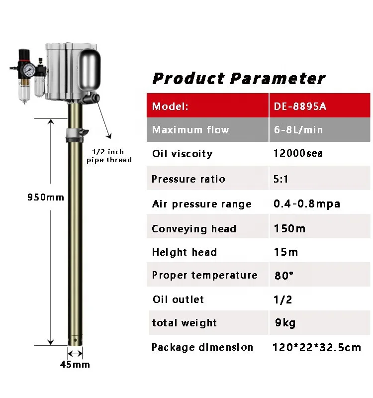 200L 5:1 Air Operated Barrel Engine Motor Liquid Extraction Pneumatic Lubrication Drum Transfer Pressure Oil Pump