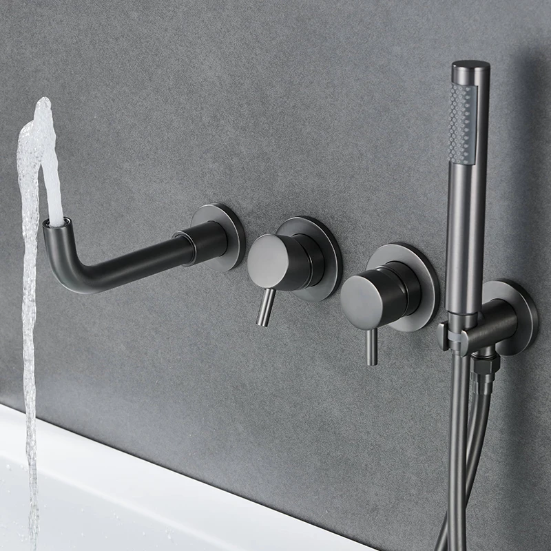 Farrete Concealed Wall-Mounted Bathtub Faucet Gun Grey All-Copper Built-In Cold and Hot Shower Head Set Bathroom Brushed Gold