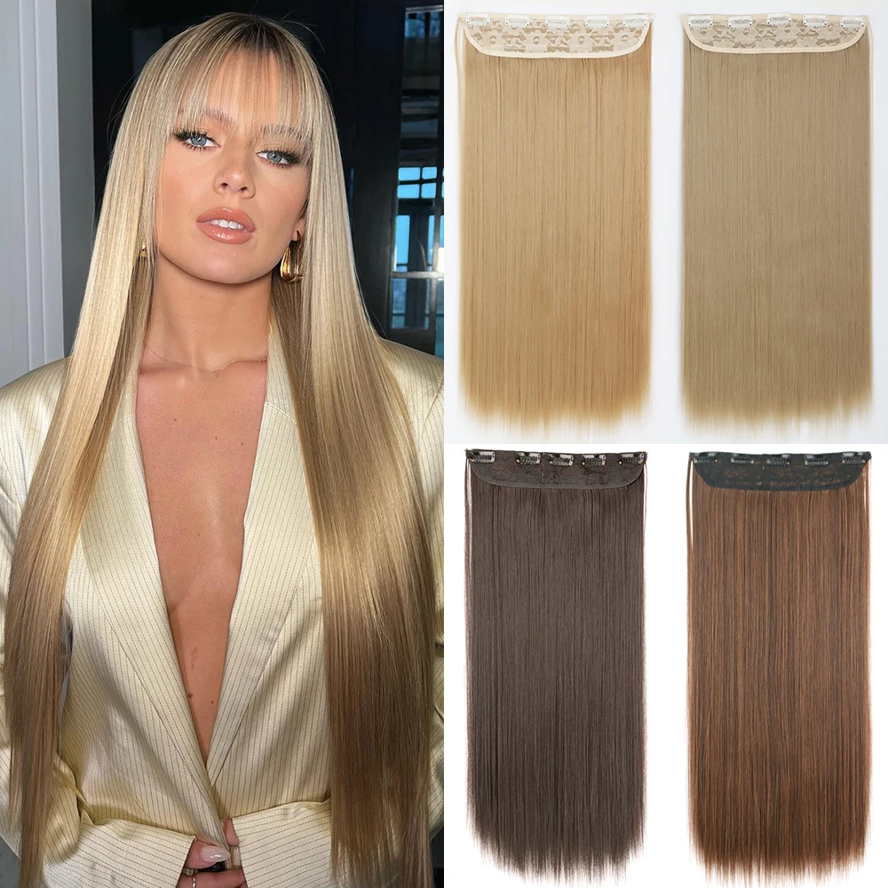 Synthetische 32 Zoll Haar Extensions OnePiece 5 Clips Lange Gerade Frisur Wärme Beständig Gefälschte Haarteil Für Frauen Natürliche Blonde