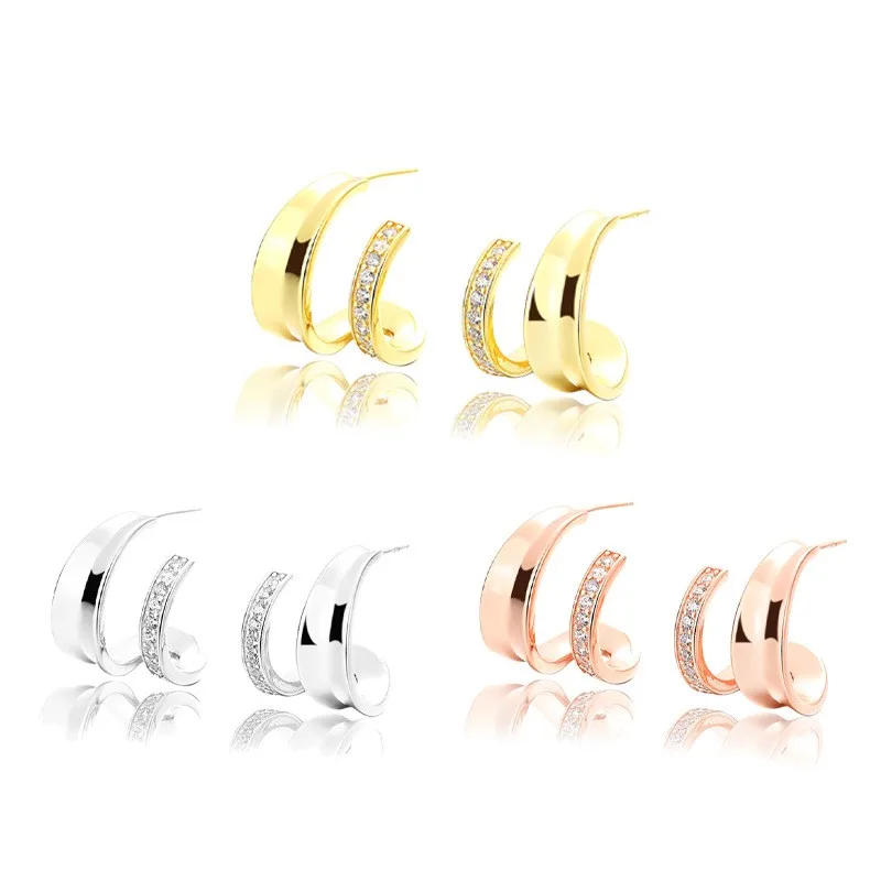 EP-20 ZFSILVER S925 Silver Korean Fashion Luxury Trendy Letter Double C Diamond-set  Earrings Jewelry Women Match-all Gifts Girl