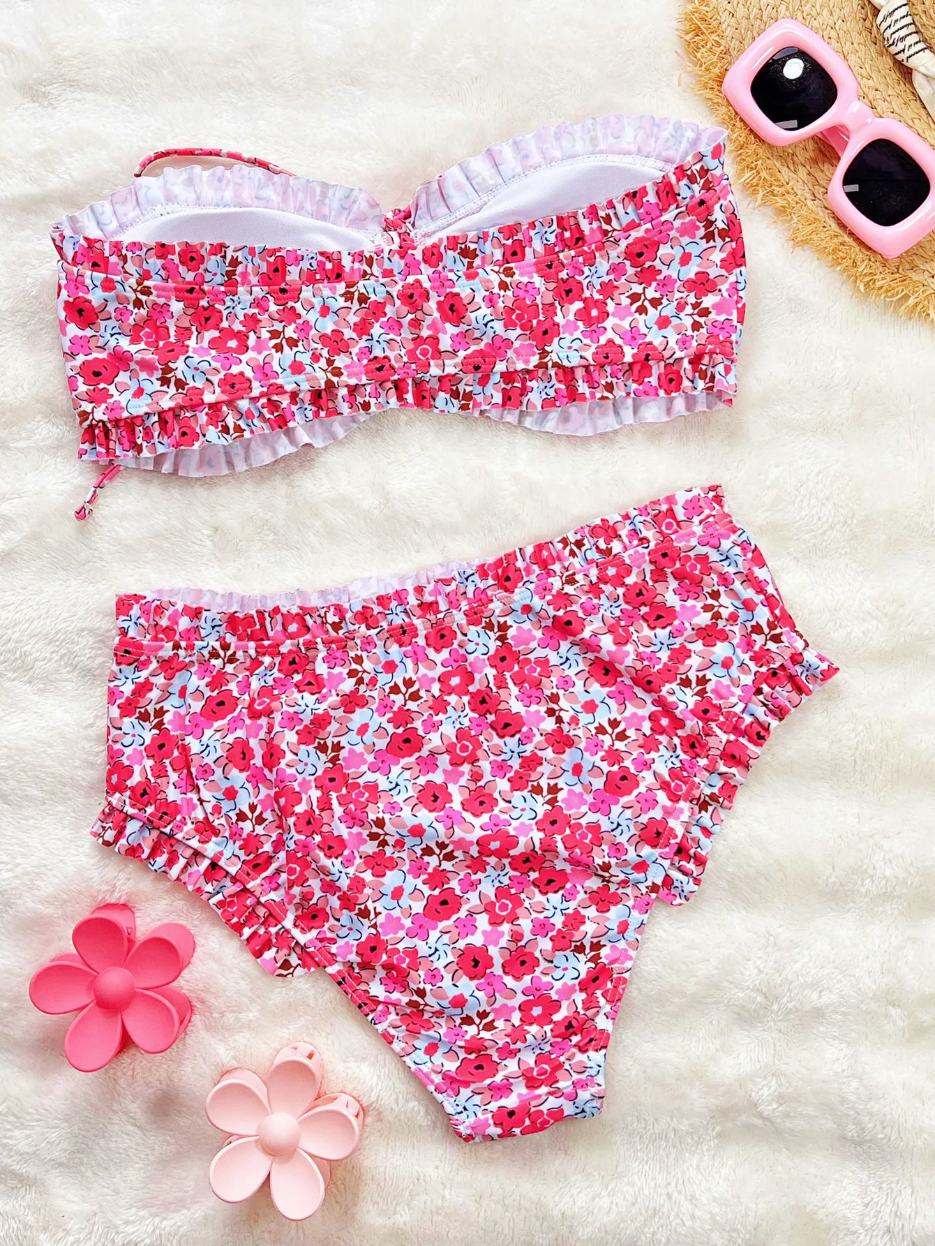 DEKA Ruffles Strapless Lace-Up Bikini Set Floral Pattern Swimsuit Women High Waist Bikini Summer 2025 New Swim Bathing Suit