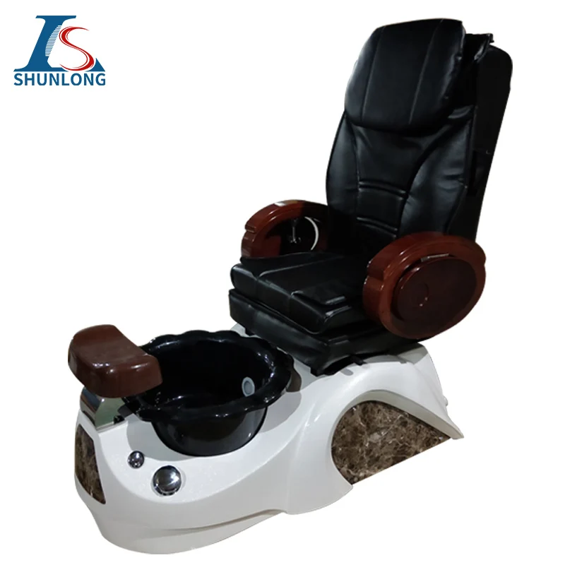 Black PU Pedicure Spa Chair with White Fiberglass Foot Tub, Electric Reclining Foot Massage Chair, Wooden Armrest Nail Salon Fur