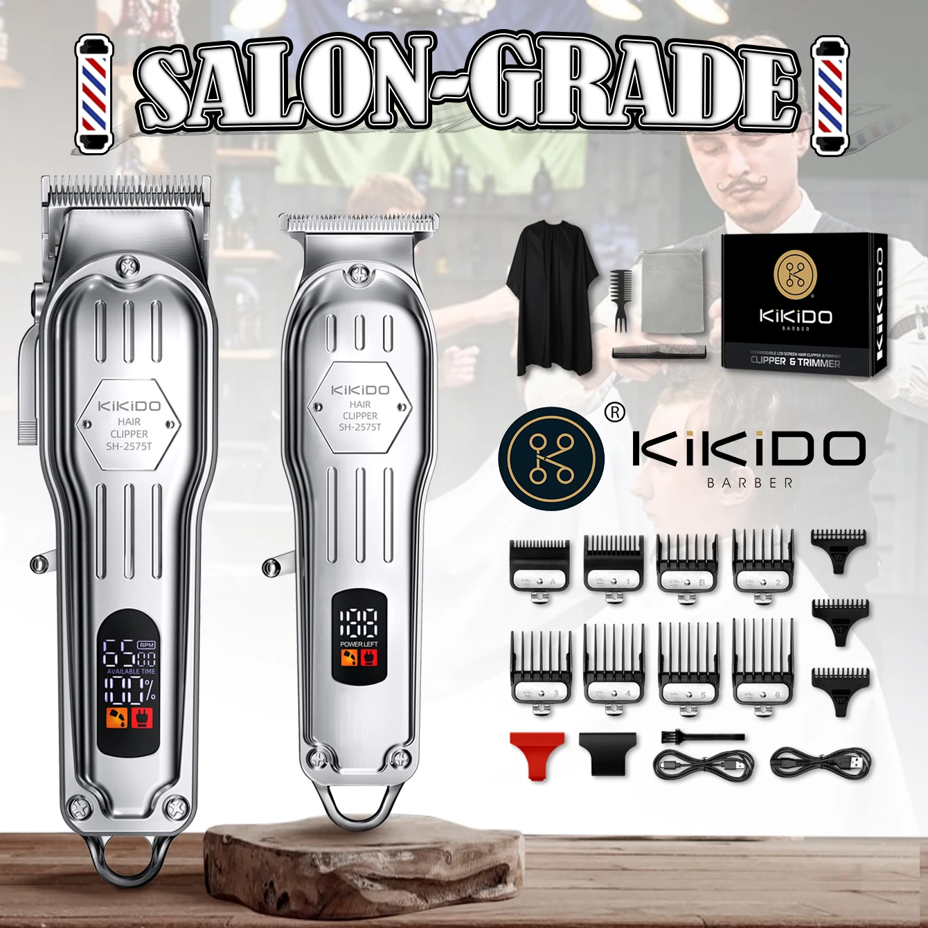 KIKIDO 2-in-1 Adjustable Cordless Hair Cutting Machine Full Metal Combo Kit Barber Hair Clipper Beard Shaver Kit for Men Gift