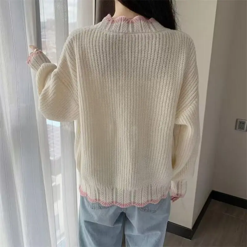 Women Autumn Sweet Fashion Loose Solid Color V-neck Long Sleeve Knitwear Ladies Ladies All-match Knitting Cardigan Coat Tops