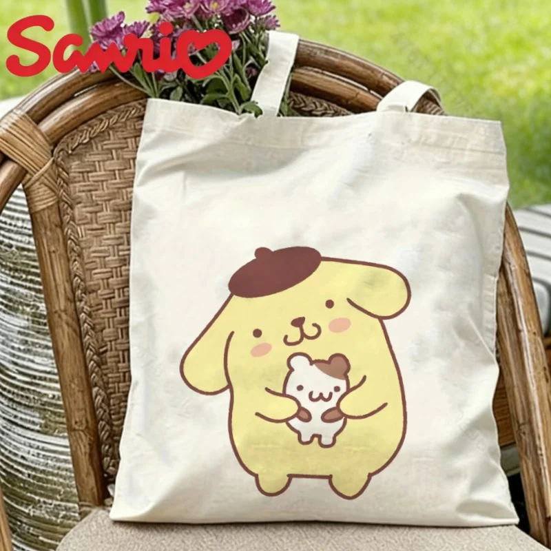 

1PC Sanrio Pom Pom Purin Canvas Tote Bag Double-sided Friend Print Eco-friendly Reusable Shoulder Bag