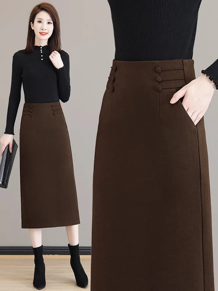 

Женский костюм с юбкой: новая модная шерстяная длинная юбка А-силуэта с высокой талией, разрезом и запахом, для офиса и повседневной носки, весна-осень