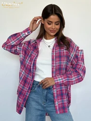 Clacive Vintage Loose Pink Plaid Women's Blouse Fashion Removable Lapel Long Sleeve Shirts Elegant Classic Top Female Clothing