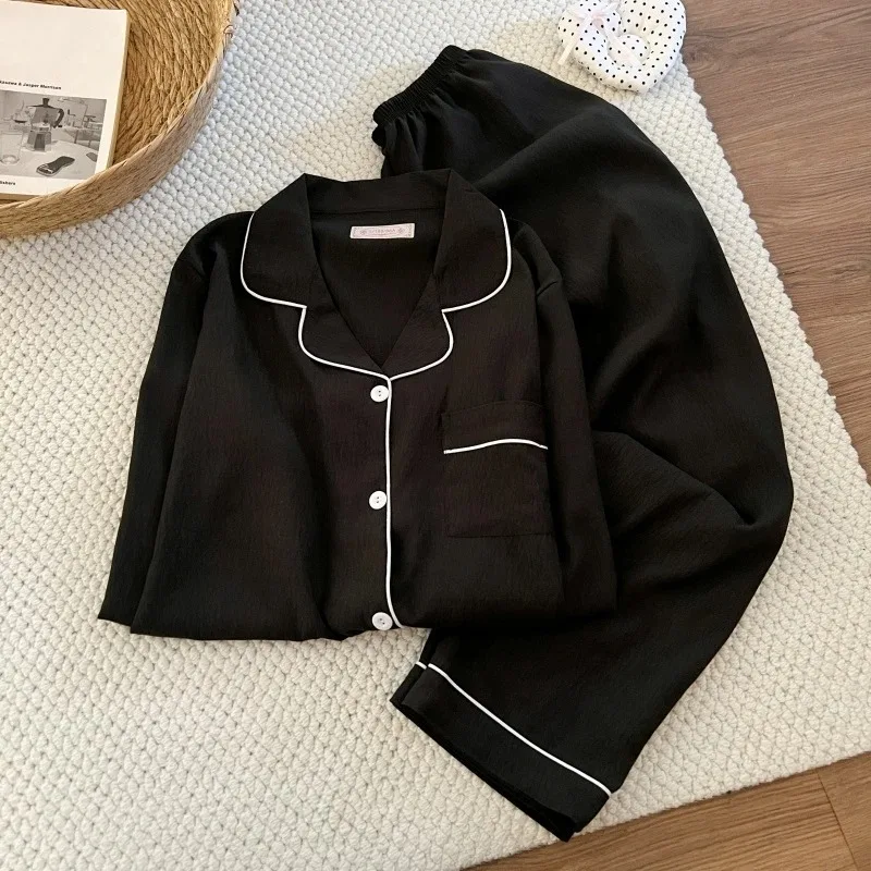 Übergrößen Damen Einfarbiger Lässiger Pyjama-Set Einfache Langarm-Schlafanzüge mit Knopfleiste Frühling Reverskragen Weicher Zweiteiliger Loungewear – Detail 2