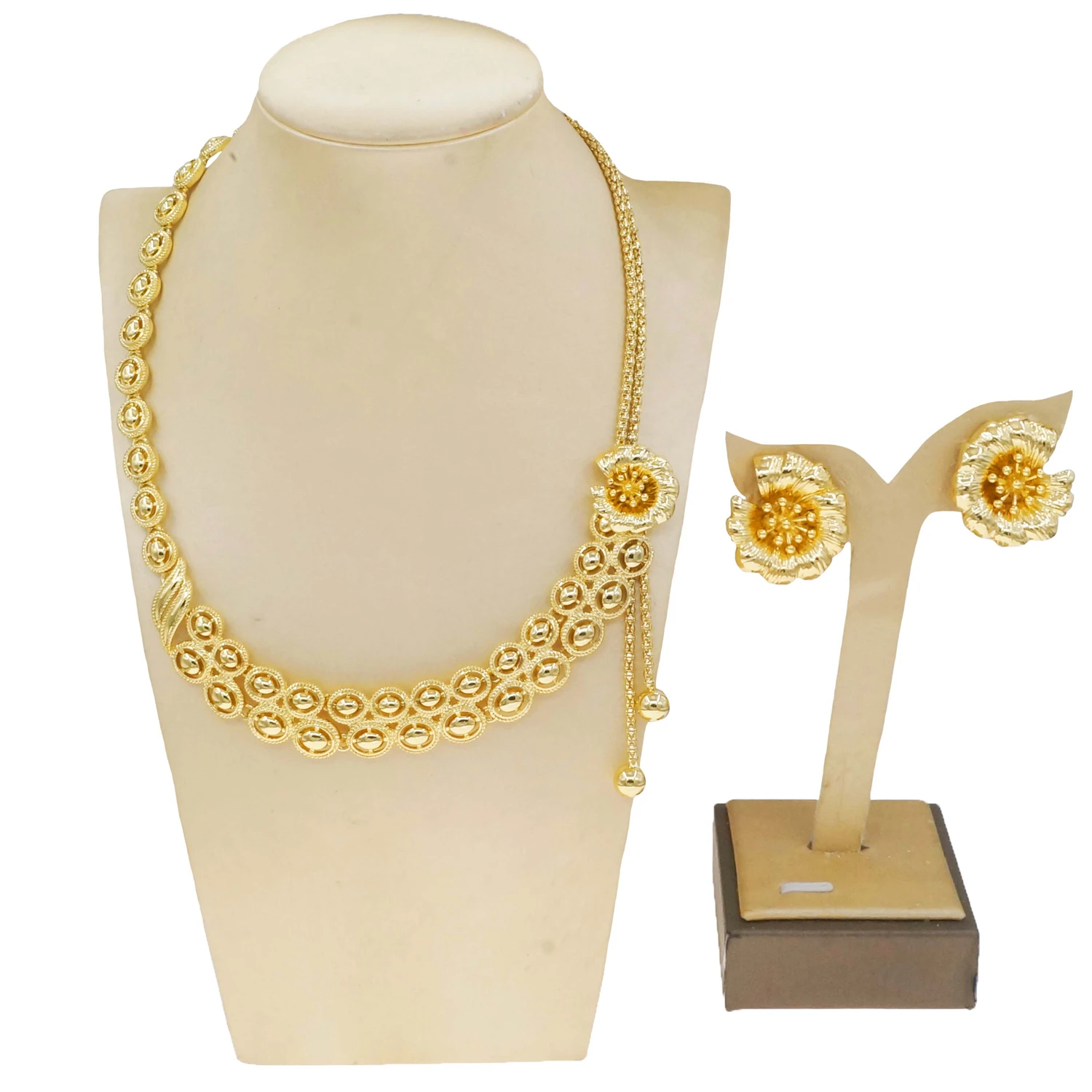 

Yulaili Dubai Gold Plated Oval Link Flower Tassel Jewelry Set for Women Party Wedding Necklace Earrings HV0096