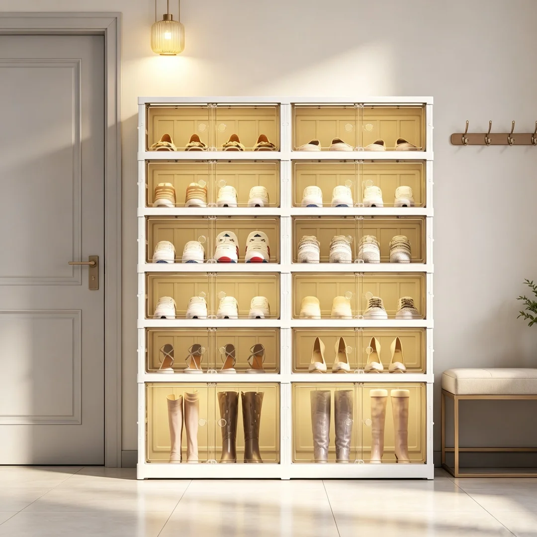 Meuble à chaussures pliable en PP, doté d’une structure à six niveaux, de portes semi-transparentes aimantées, pouvant contenir 24 paires de chaussures, avec un compartiment pour les bottes, des roulettes dissimulées, facile à assembler sans outils et pratique à transporter.