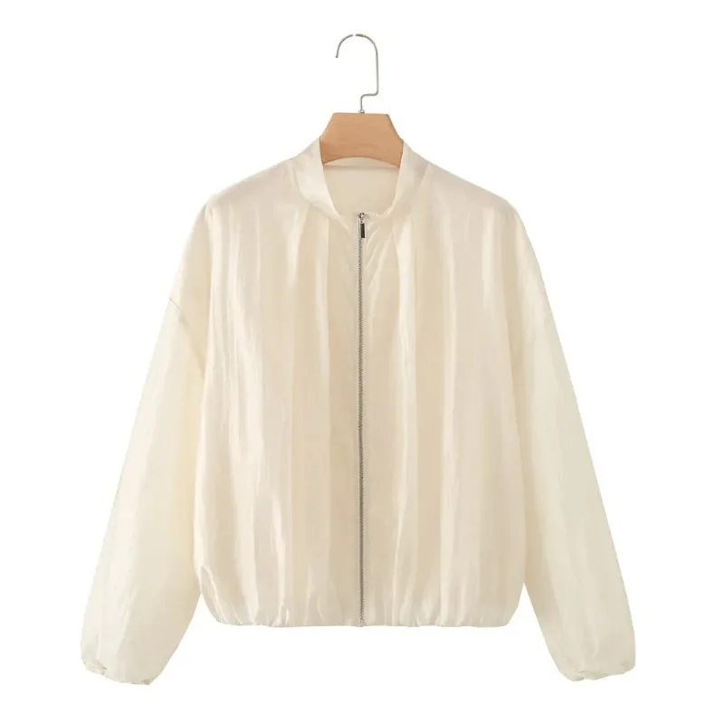 2026Minimalist-style Elegant and Fashionable Women's Pleated Flight Jacket, New Zip-up Beige High-neck Jacket.