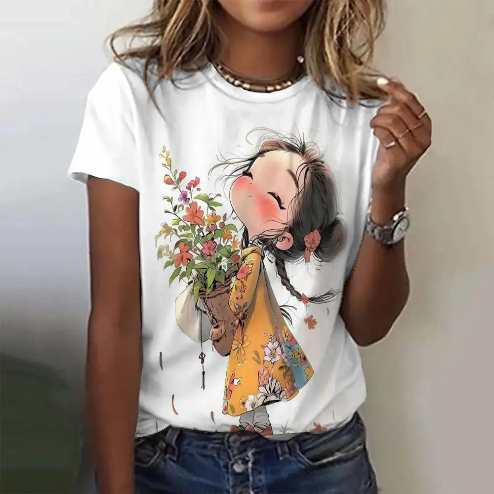 Women\'s T-Shirt Top Short Pullover Sleeved Fashion Little Girl Print Street Round-Neck Tee Shirt Female Everyday Clothing Summer