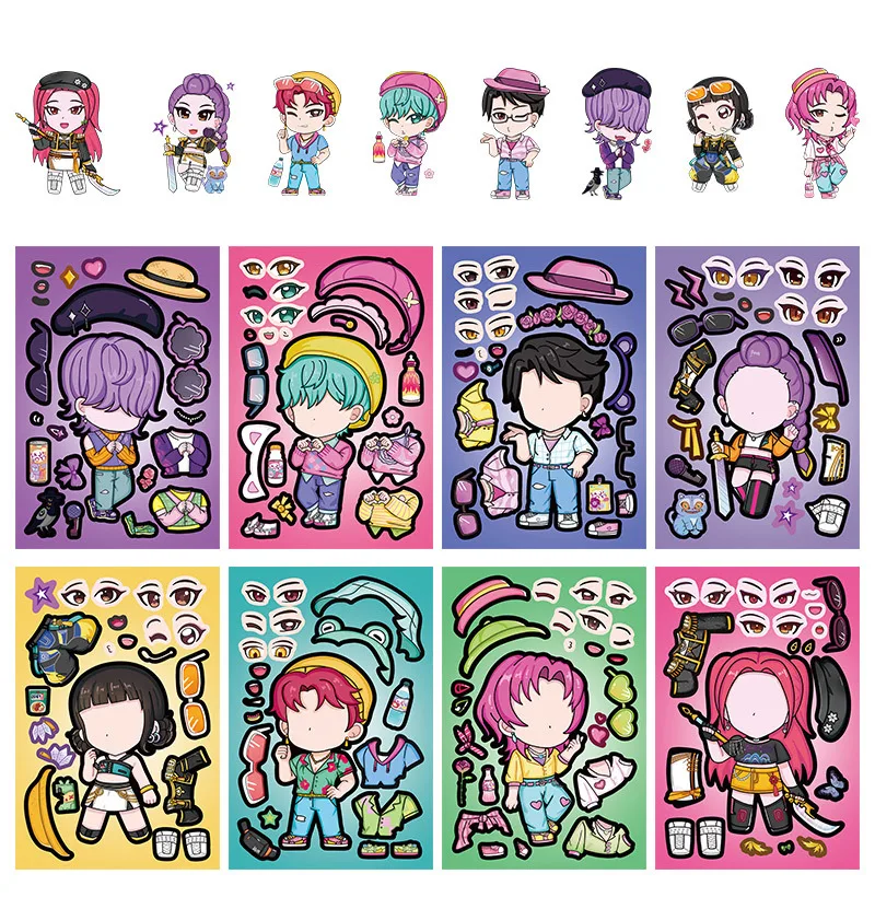 8/16Pcs Cartoon Anime Character Jigsaw Puzzle Make A Face Stickers DIY Game Removable for Fridge Notebook Skateboard Decals