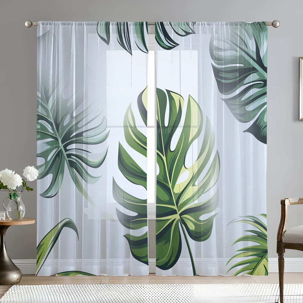 2pcs Greenery Vine Pattern Sheer Curtains Rod Pocket Window Drapes Window Treatments For Bedroom Living Room Home Decoration