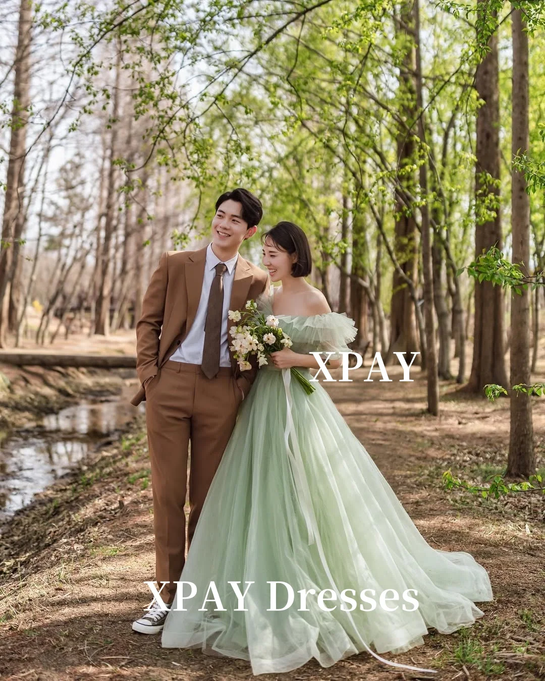 XPAY Elegant Off Shoulder Tulle Evening Dresses Korea Wedding Photo shoot Sage Green Evening Formal Gowns Party Customized