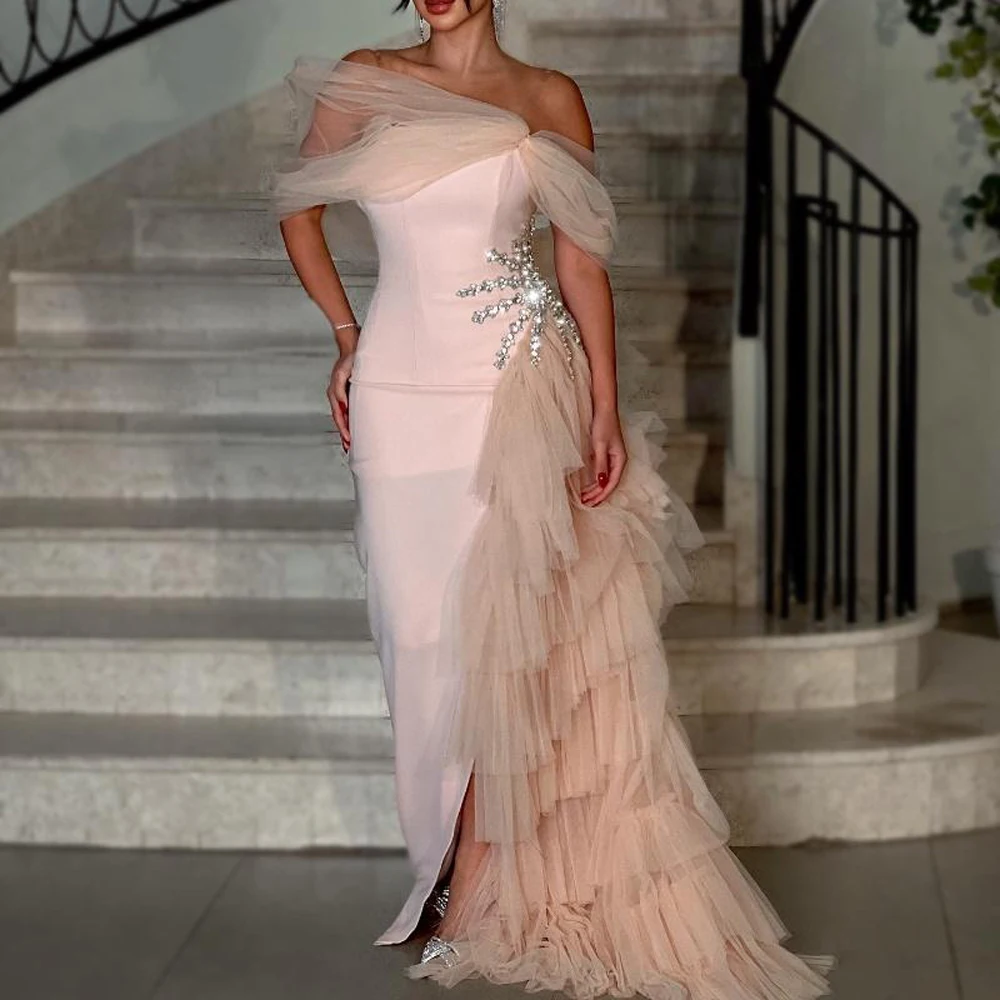 

dubai arabic Blush Pink Evening Dresses Beaded Crystal Off the Shoulder Tulle Tiered Mermaid Prom Dresses Formal Party Gowns