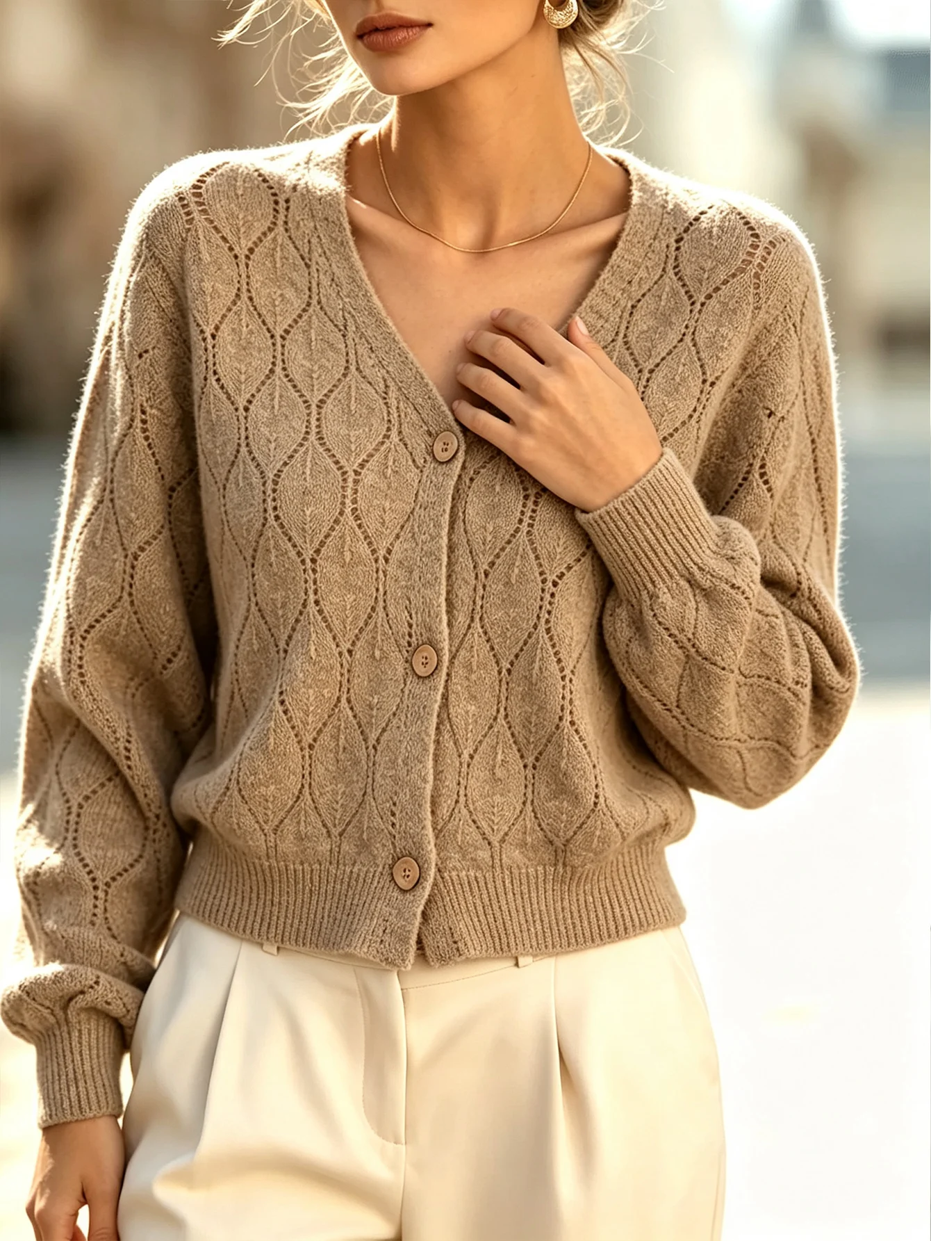 European Autumn and Winter Oatmeal-Colored V-Neck Hollow-Out Leaf-Pattern Knit Cardigan for Women, Vintage Wooden Single-Breasted Loose Lantern Long-Sleeve Soft Sweater, Christmas and New Year Atmosphere Outfit, Gentle and Lazy Style, Slimming, Breathable, Commuter Casual, Internet Celebrity Hot Item, Women's Short Outerwear Top