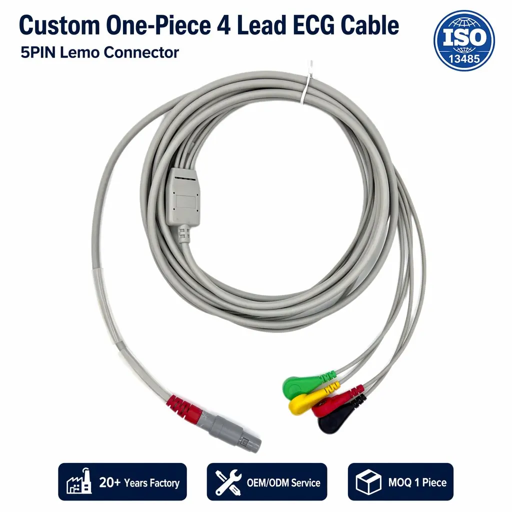 ECG Cable 4-Lead LEMO 5-Pin 1.0m One-Piece - Adult Medical Grade TPU - Model 0011