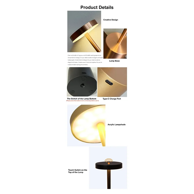 ABHU نوع C قابلة للشحن LED الجدول مصباح اللمس التبديل السرير ضوء الليل المحمولة 3 اللون لمبة مكتب لغرفة بار النادي