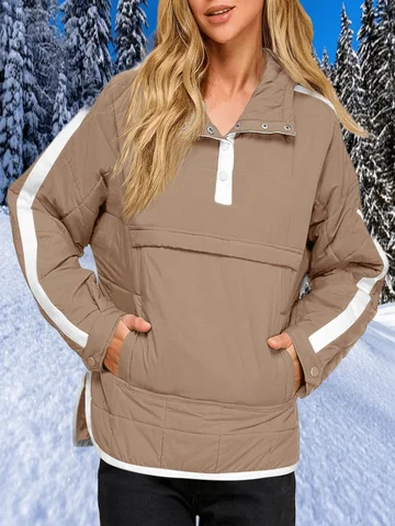 Damska zimowa, codzienna, obszerna kurtka puchowa, pikowana, z blokami kolorów, puszysty płaszcz z kapturem, jesienne bluzy z kapturem, odzież wierzchnia z kieszeniami.