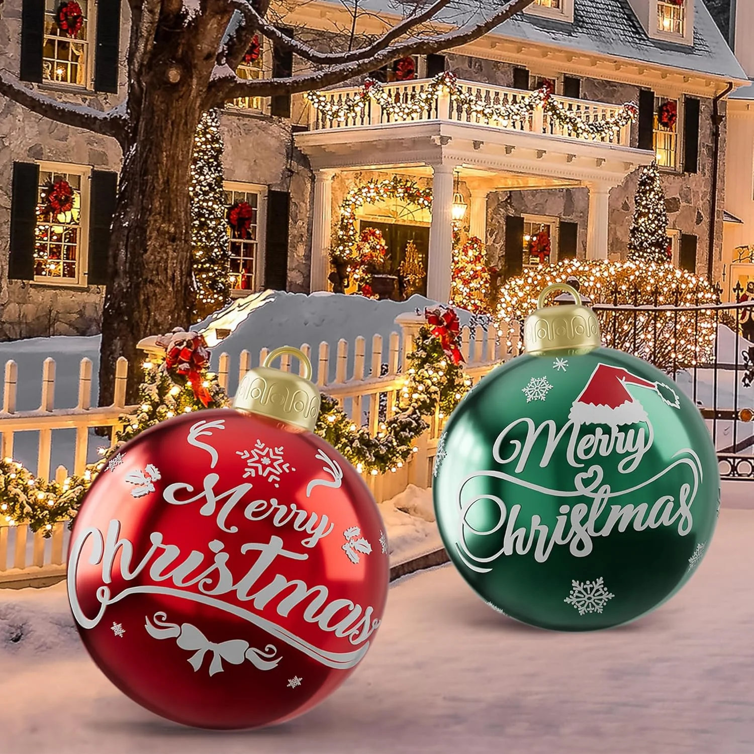 2 Giant Christmas Inflatable Balls, 23.6inch Party Decoration Hanging Balls for the Yard, Thickened Outdoor Yard Hanging Balls, Vintage Elegant Holiday Atmosphere Set (Includes 2 Pieces)