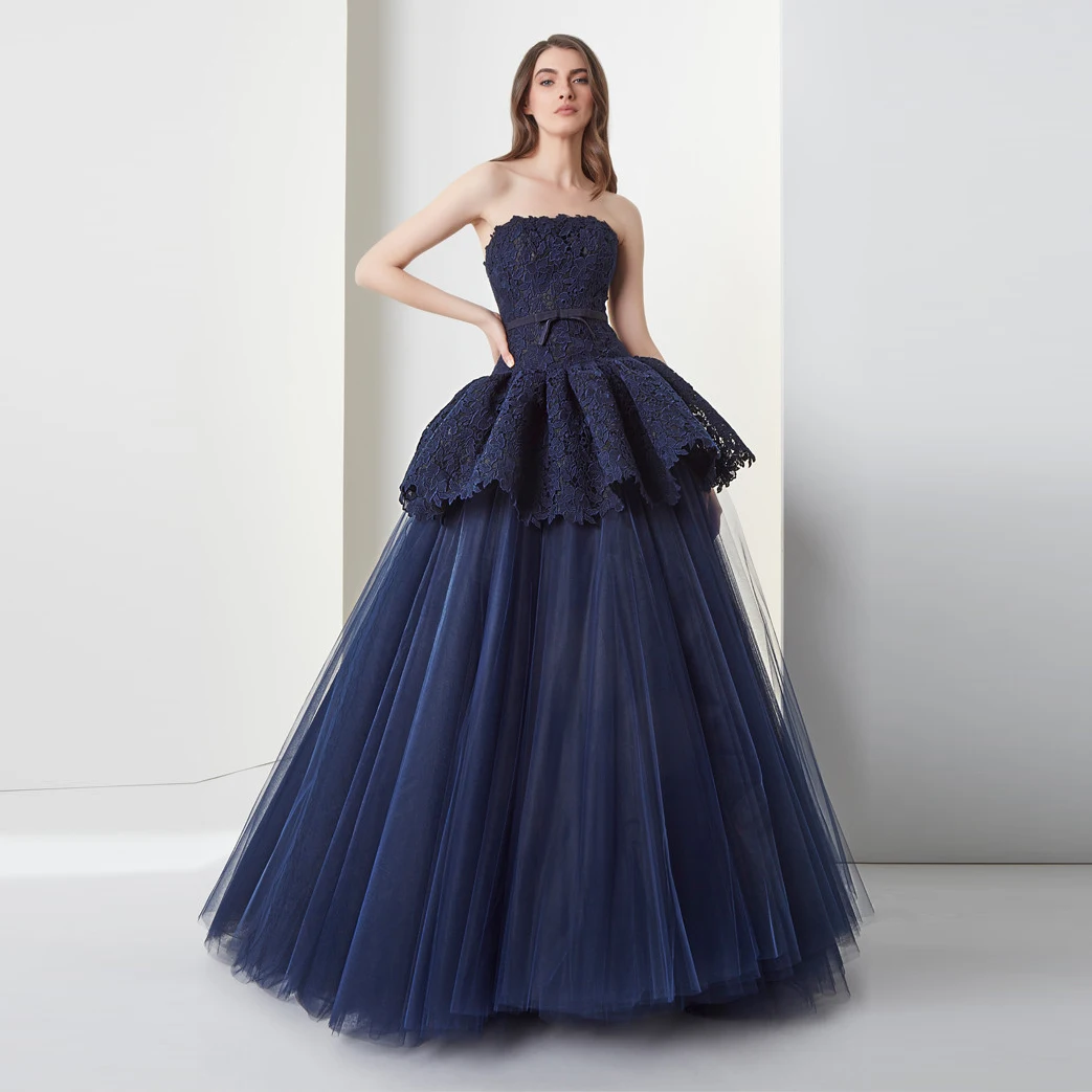 Navy Blue Formal Party Dresses Trendy Ruffled Lace 2 Pieces Prom Gown Maxi Dress with Detachable Tulle Underskirt فساتين السهرة