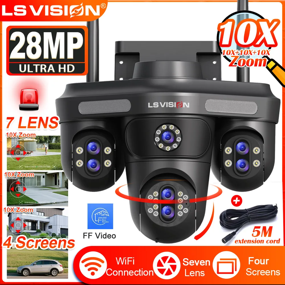 

LS VISION 28MP WiFi IP Camera 10X Zoom 7 Lens 4 Screens Wireless Outdoor Surveillance Camera PTZ CCTV Auto Tracking Night Vision