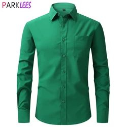 Green Mens Dress Shirts Long Sleeve Regular Fit Elastic Shirt for Men Wrinkle-Free Easy Care Formal Casual Shirt Male Chemise