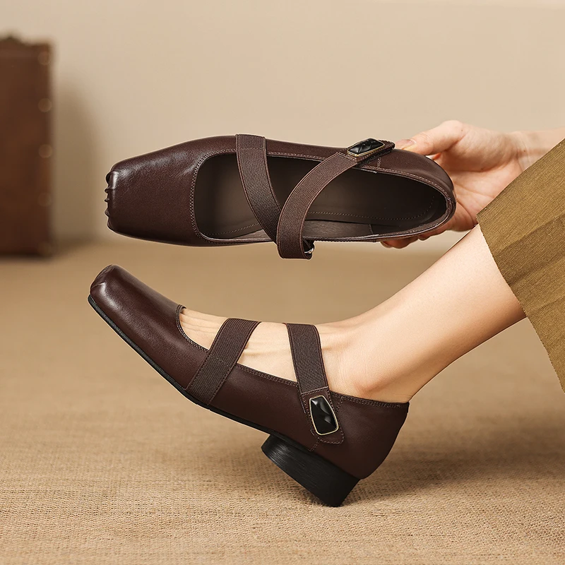 2026 new spring autumn women pumps natural leather 22-25cm washed cowhide+pigskin square toe cross-buckle mary janes women shoes