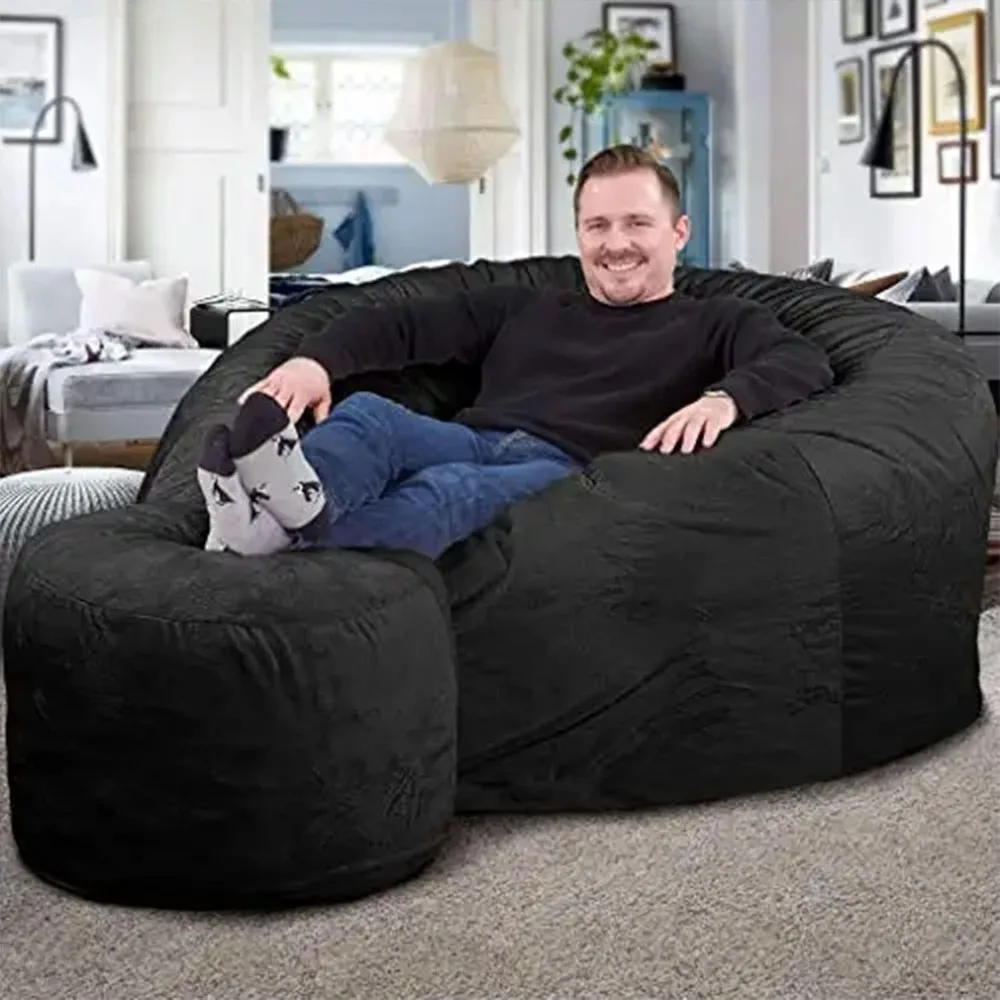 

Bean Bag Chair, 5-Foot with Footstool, Charcoal Fur Cover, Oversized Foam Lounger, Floor Seat, Small Sofa Couch Bed