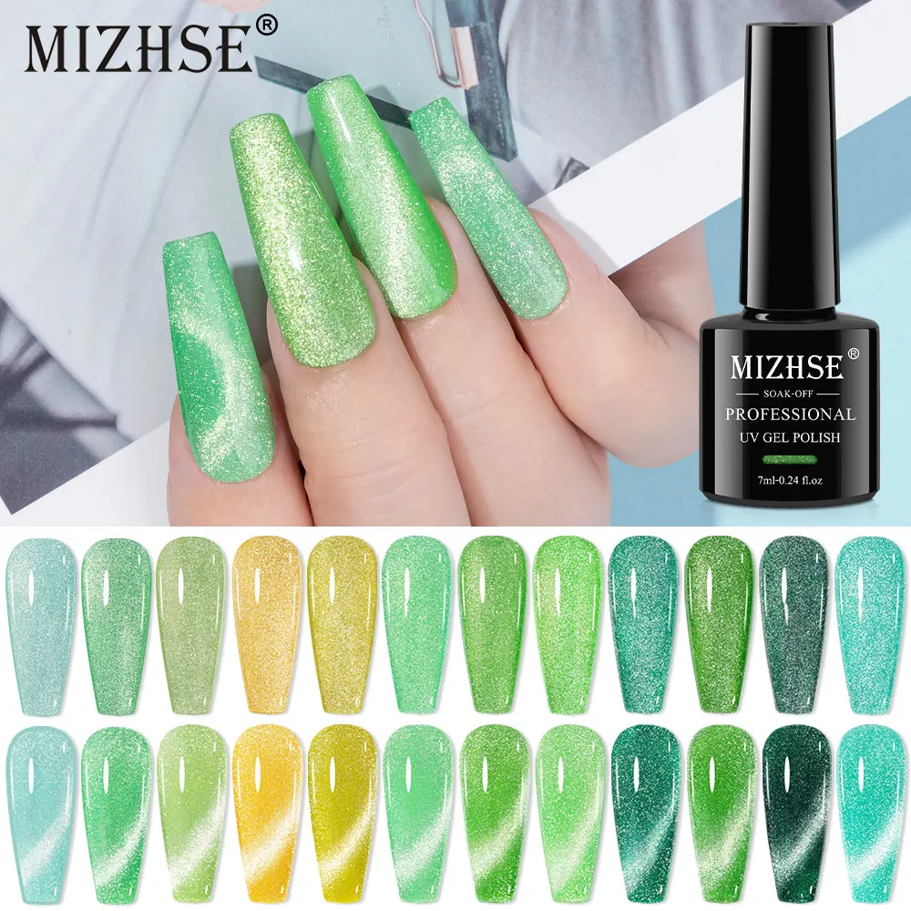 

MIZHSE 7ML Ice Emerald Glitter Broken Diamond Cat Eye Nail Shiny Cat Magnetic Gel Varnish Soak Off UV/LED Gel Hybrid Art Varnish