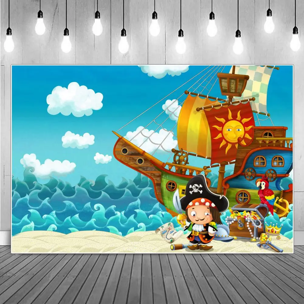 

Pirate Ship Treasure Birthday Decoration Photography Backdrops Boy Sea Cartoon Island Party Photographic Background Studio Props