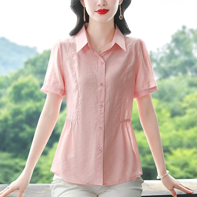 

Short Sleeve Cotton Linen Shirt for Women, Summer New Fashionable Youthful Style, Stylish Mom's Top