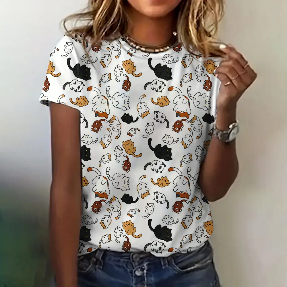 Camiseta com estampa de gato 3D feminina, gola redonda, manga curta, blusa casual elegante, roupa solta, moda verão