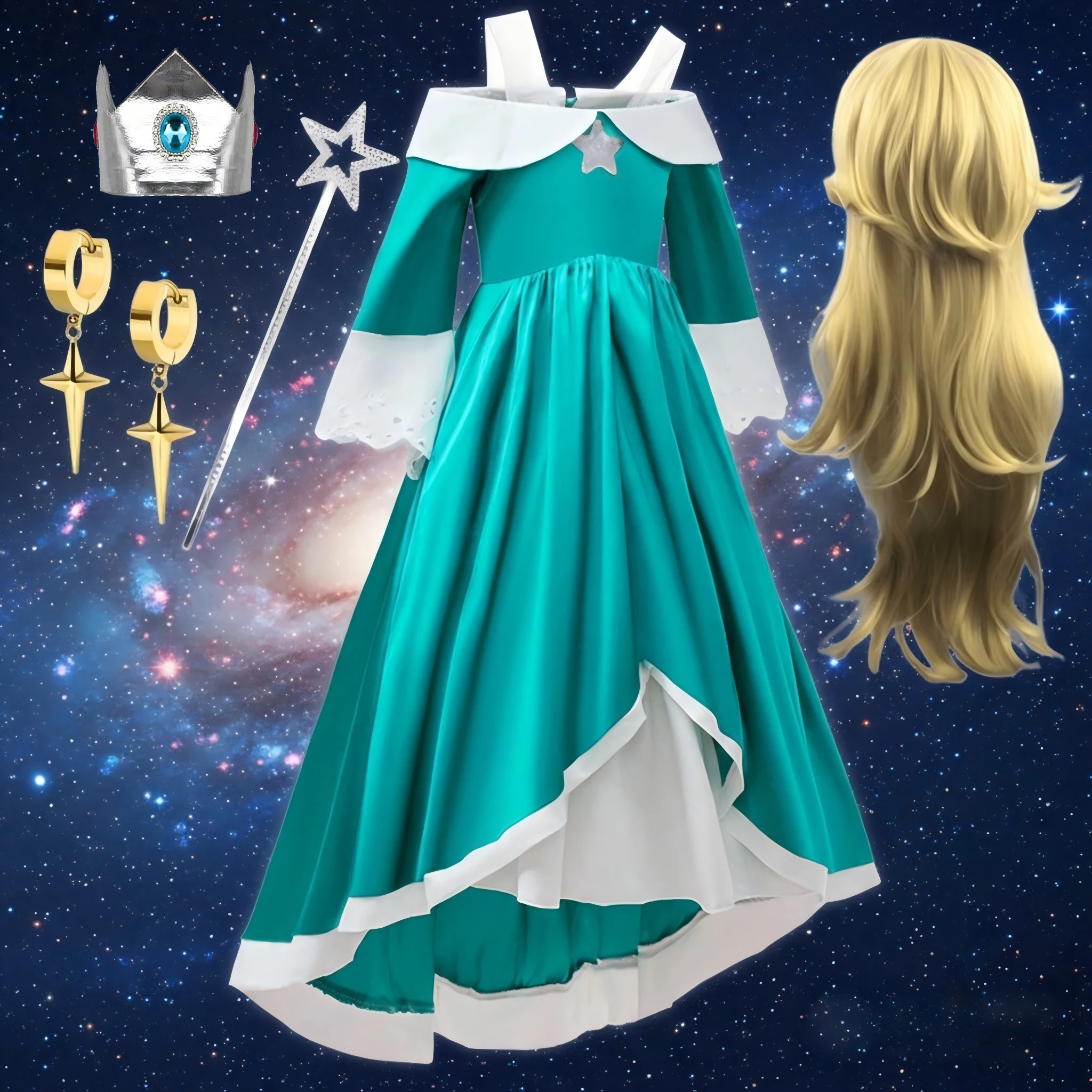 Kostium Peach Princess Galaxy Rogetta Cosplay Rosalina dla dzieci, dziewczęca sukienka na Halloween, urodziny, z długim rękawem, koronkowa, rozmiary 2-12 lat