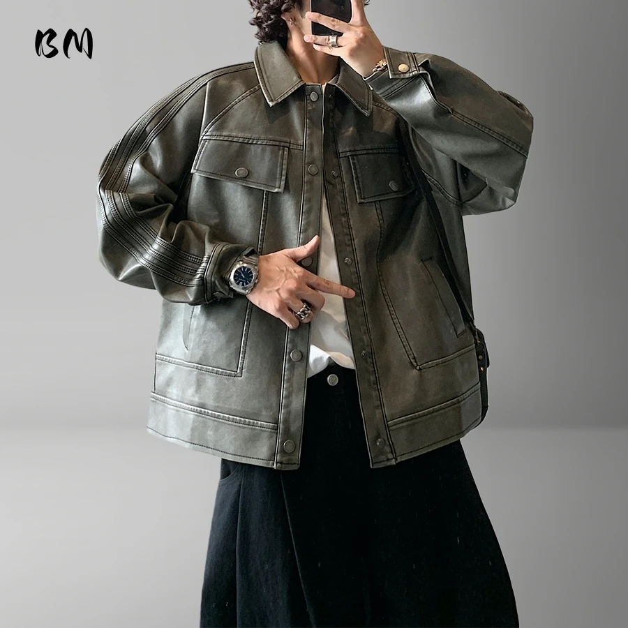 

Мужская американская винтажная потертая мотоциклетная кожаная куртка высокого качества с лацканами, уличная одежда, весенне-осеннее повседневное модное пальто