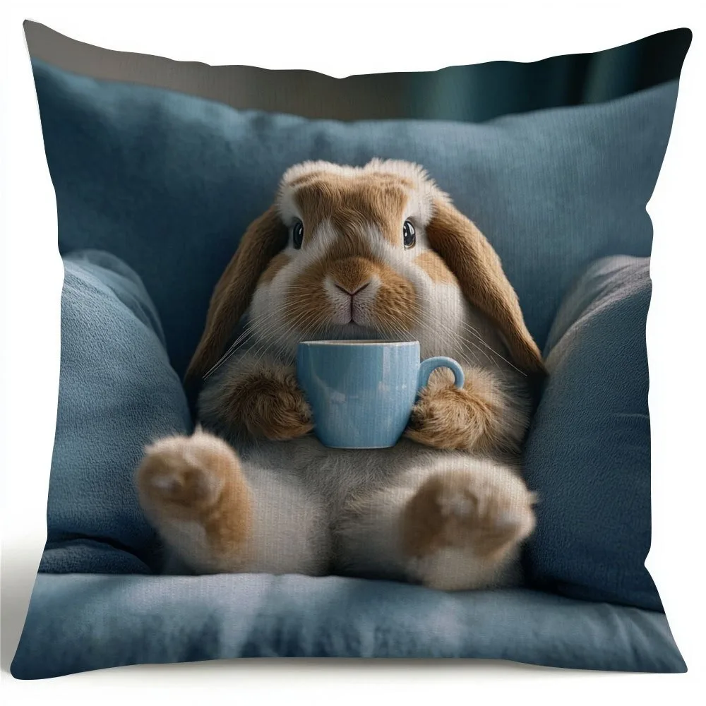 Rabbit Drinking Coffee Realistic Throw Pillow Cover Zipper Square Home Sofa Decor