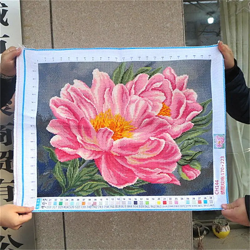 Handmade cross stitch finished product with large peonies blooming for wealth and luxury, small size living room, bedroom,