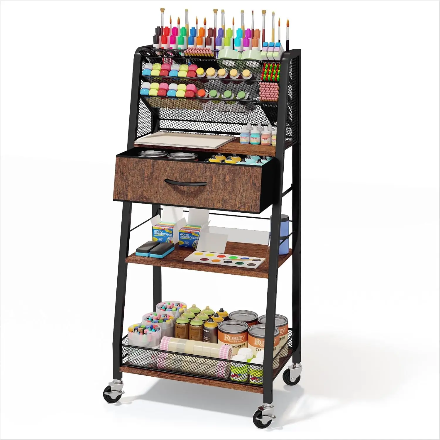 

Трехуровневая тележка на колесиках с выдвижным ящиком и колесами — универсальный органайзер для дома, офиса, студии — идеально подходит для художественных принадлежностей